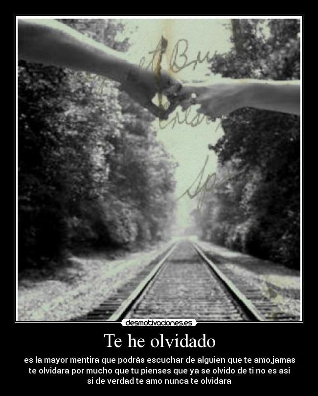 Te he olvidado - es la mayor mentira que podrás escuchar de alguien que te amo,jamas
te olvidara por mucho que tu pienses que ya se olvido de ti no es asi
si de verdad te amo nunca te olvidara
