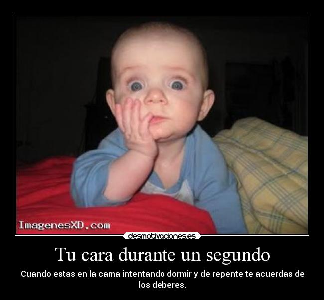 Tu cara durante un segundo - Cuando estas en la cama intentando dormir y de repente te acuerdas de los deberes.