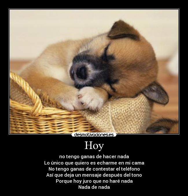 Hoy - no tengo ganas de hacer nada
Lo único que quiero es echarme en mi cama
No tengo ganas de contestar el teléfono
Así que deja un mensaje después del tono
Porque hoy juro que no haré nada
Nada de nada