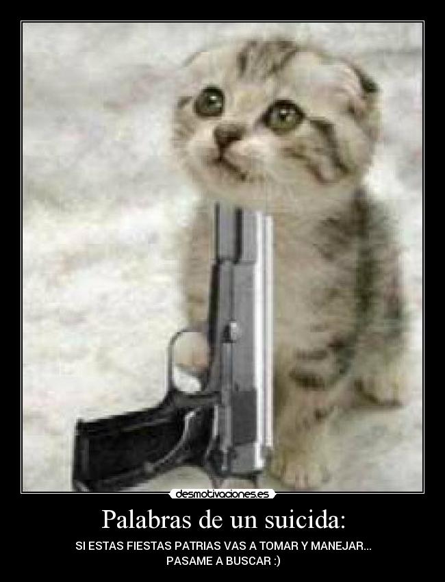 Palabras de un suicida: - SI ESTAS FIESTAS PATRIAS VAS A TOMAR Y MANEJAR...
PASAME A BUSCAR :)