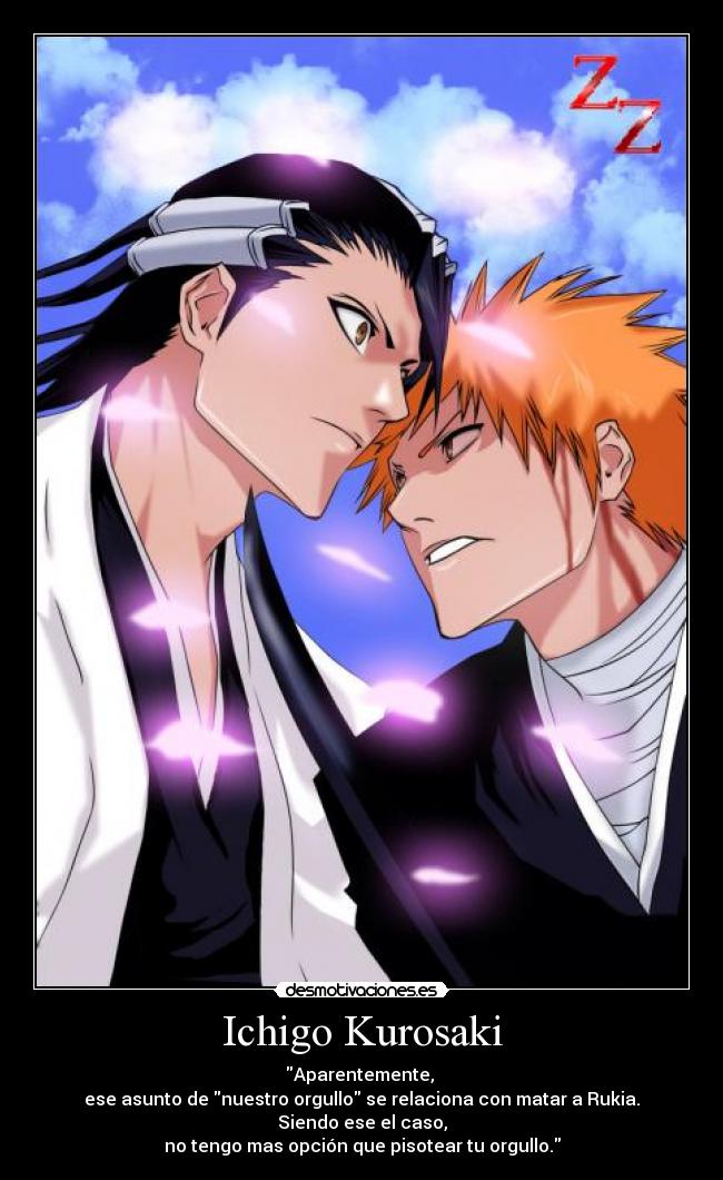 Ichigo Kurosaki - Aparentemente,
ese asunto de nuestro orgullo se relaciona con matar a Rukia.
Siendo ese el caso,
no tengo mas opción que pisotear tu orgullo.