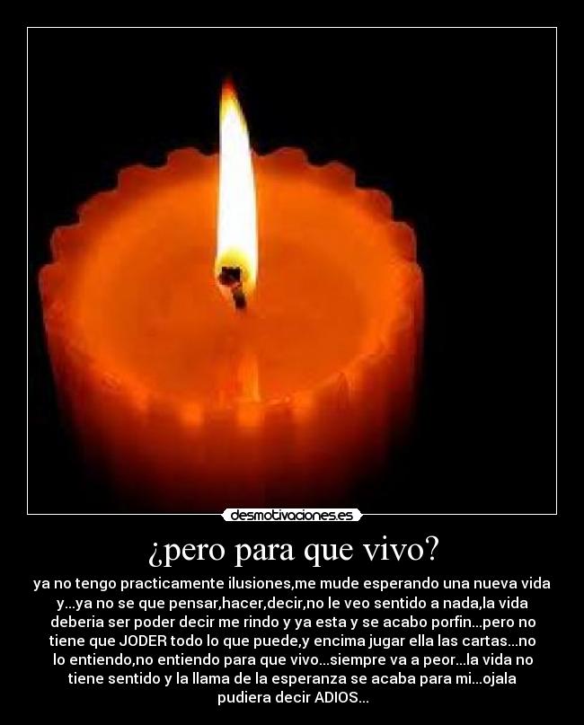 ¿pero para que vivo? - ya no tengo practicamente ilusiones,me mude esperando una nueva vida
y...ya no se que pensar,hacer,decir,no le veo sentido a nada,la vida
deberia ser poder decir me rindo y ya esta y se acabo porfin...pero no
tiene que JODER todo lo que puede,y encima jugar ella las cartas...no
lo entiendo,no entiendo para que vivo...siempre va a peor...la vida no
tiene sentido y la llama de la esperanza se acaba para mi...ojala
pudiera decir ADIOS...