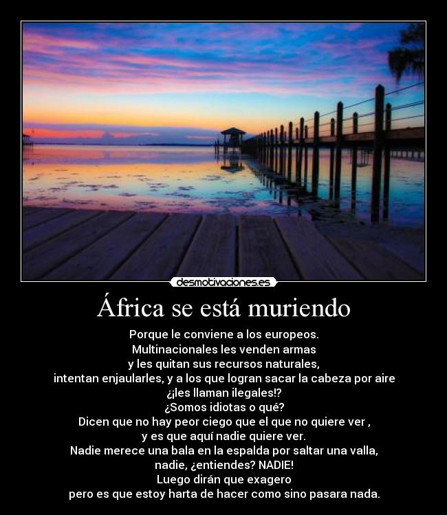África se está muriendo - Porque le conviene a los europeos.
Multinacionales les venden armas
y les quitan sus recursos naturales,
intentan enjaularles, y a los que logran sacar la cabeza por aire
¿¡les llaman ilegales!?
¿Somos idiotas o qué?
Dicen que no hay peor ciego que el que no quiere ver ,
y es que aquí nadie quiere ver.
Nadie merece una bala en la espalda por saltar una valla,
nadie, ¿entiendes? NADIE!
Luego dirán que exagero
pero es que estoy harta de hacer como sino pasara nada.
