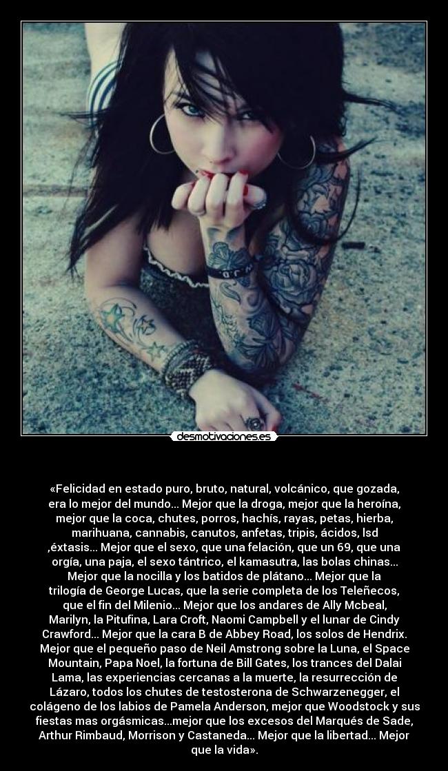 - «Felicidad en estado puro, bruto, natural, volcánico, que gozada,
era lo mejor del mundo... Mejor que la droga, mejor que la heroína,
mejor que la coca, chutes, porros, hachís, rayas, petas, hierba,
marihuana, cannabis, canutos, anfetas, tripis, ácidos, lsd
,éxtasis... Mejor que el sexo, que una felación, que un 69, que una
orgía, una paja, el sexo tántrico, el kamasutra, las bolas chinas...
Mejor que la nocilla y los batidos de plátano... Mejor que la
trilogía de George Lucas, que la serie completa de los Teleñecos,
que el fin del Milenio... Mejor que los andares de Ally Mcbeal,
Marilyn, la Pitufina, Lara Croft, Naomi Campbell y el lunar de Cindy
Crawford... Mejor que la cara B de Abbey Road, los solos de Hendrix.
Mejor que el pequeño paso de Neil Amstrong sobre la Luna, el Space
Mountain, Papa Noel, la fortuna de Bill Gates, los trances del Dalai
Lama, las experiencias cercanas a la muerte, la resurrección de
Lázaro, todos los chutes de testosterona de Schwarzenegger, el
colágeno de los labios de Pamela Anderson, mejor que Woodstock y sus
fiestas mas orgásmicas...mejor que los excesos del Marqués de Sade,
Arthur Rimbaud, Morrison y Castaneda... Mejor que la libertad... Mejor
que la vida».