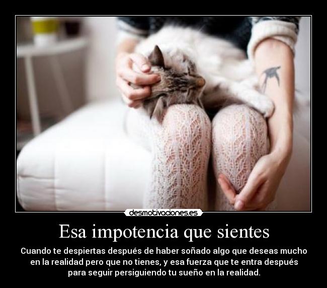 Esa impotencia que sientes - Cuando te despiertas después de haber soñado algo que deseas mucho
en la realidad pero que no tienes, y esa fuerza que te entra después
para seguir persiguiendo tu sueño en la realidad.