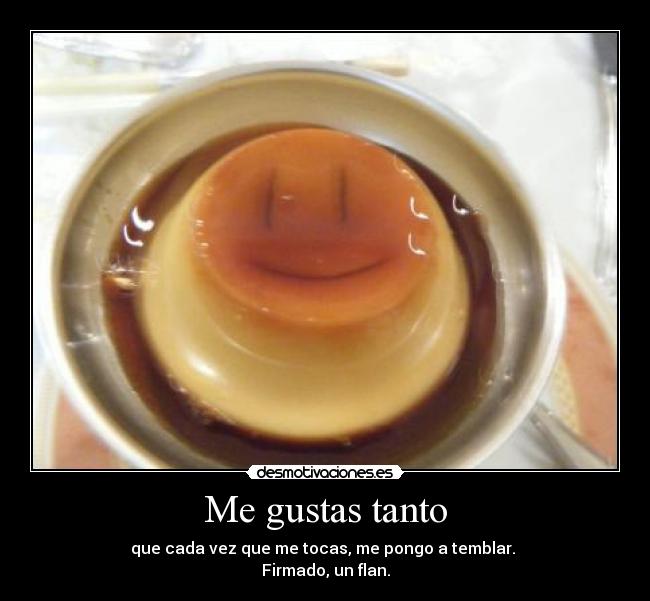 Me gustas tanto - que cada vez que me tocas, me pongo a temblar. 
Firmado, un flan.