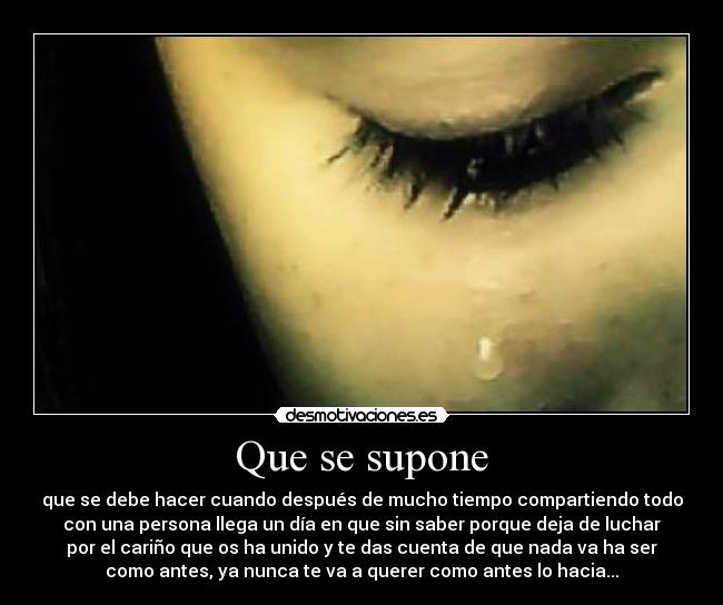 Que se supone - que se debe hacer cuando después de mucho tiempo compartiendo todo
con una persona llega un día en que sin saber porque deja de luchar
por el cariño que os ha unido y te das cuenta de que nada va ha ser
como antes, ya nunca te va a querer como antes lo hacia...