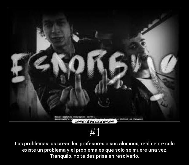 #1 - Los problemas los crean los profesores a sus alumnos, realmente solo
existe un problema y el problema es que solo se muere una vez.
Tranquilo, no te des prisa en resolverlo.