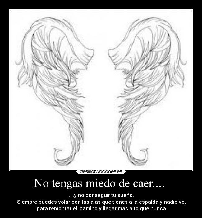 No tengas miedo de caer.... - ....y no conseguir tu sueño.
Siempre puedes volar con las alas que tienes a la espalda y nadie ve,
para remontar el camino y llegar mas alto que nunca