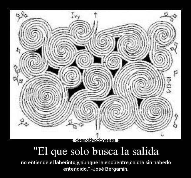 El que solo busca la salida - no entiende el laberinto,y,aunque la encuentre,saldrá sin haberlo
entendido. -José Bergamín.