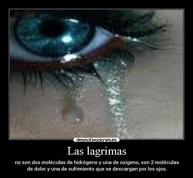 Las lagrimas - no son dos moléculas de hidrógeno y una de oxigeno, son 2 moléculas
de dolor y una de sufrimiento que se descargan por los ojos.