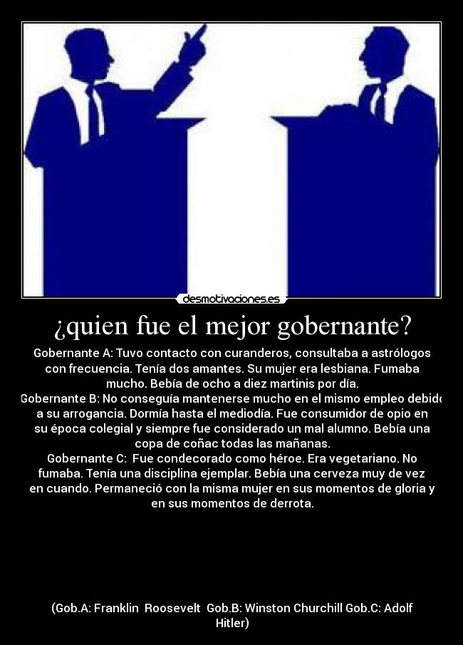 ¿quien fue el mejor gobernante? - Gobernante A: Tuvo contacto con curanderos, consultaba a astrólogos
con frecuencia. Tenía dos amantes. Su mujer era lesbiana. Fumaba
mucho. Bebía de ocho a diez martinis por día.
Gobernante B: No conseguía mantenerse mucho en el mismo empleo debido
a su arrogancia. Dormía hasta el mediodía. Fue consumidor de opio en
su época colegial y siempre fue considerado un mal alumno. Bebía una
copa de coñac todas las mañanas.
Gobernante C:  Fue condecorado como héroe. Era vegetariano. No
fumaba. Tenía una disciplina ejemplar. Bebía una cerveza muy de vez
en cuando. Permaneció con la misma mujer en sus momentos de gloria y
en sus momentos de derrota.






(Gob.A: Franklin  Roosevelt  Gob.B: Winston Churchill Gob.C: Adolf
Hitler)
