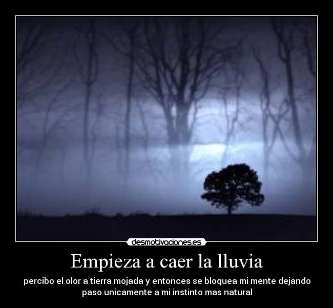 Empieza a caer la lluvia - percibo el olor a tierra mojada y entonces se bloquea mi mente dejando
paso unicamente a mi instinto mas natural