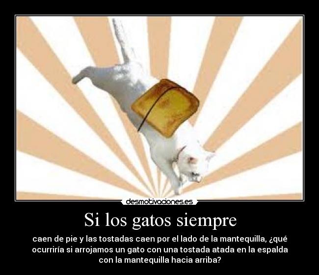 Si los gatos siempre - caen de pie y las tostadas caen por el lado de la mantequilla, ¿qué
ocurriría si arrojamos un gato con una tostada atada en la espalda
con la mantequilla hacia arriba?