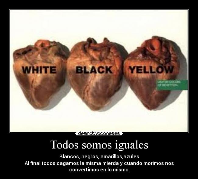 Todos somos iguales - Blancos, negros, amarillos,azules
Al final todos cagamos la misma mierda y cuando morimos nos
convertimos en lo mismo.