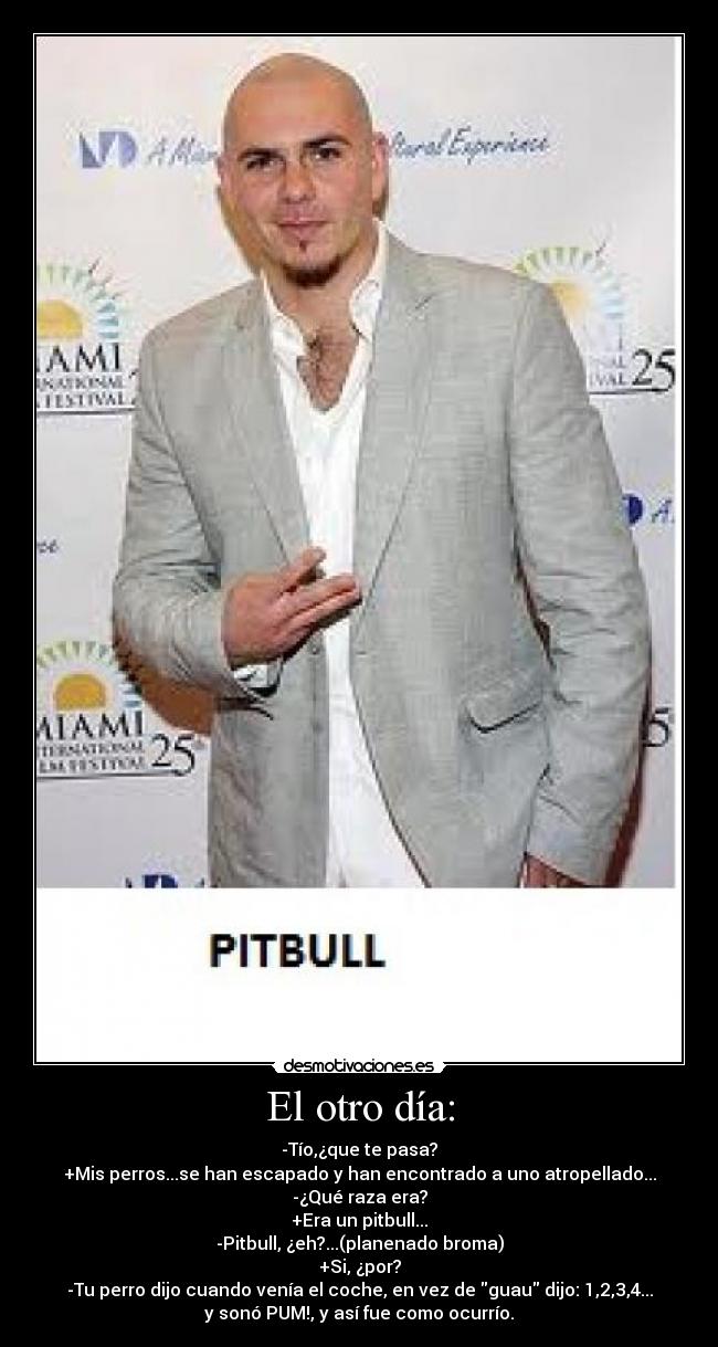 El otro día: - -Tío,¿que te pasa?
+Mis perros...se han escapado y han encontrado a uno atropellado...
-¿Qué raza era?
+Era un pitbull...
-Pitbull, ¿eh?...(planenado broma)
+Si, ¿por?
-Tu perro dijo cuando venía el coche, en vez de guau dijo: 1,2,3,4...
y sonó PUM!, y así fue como ocurrío.