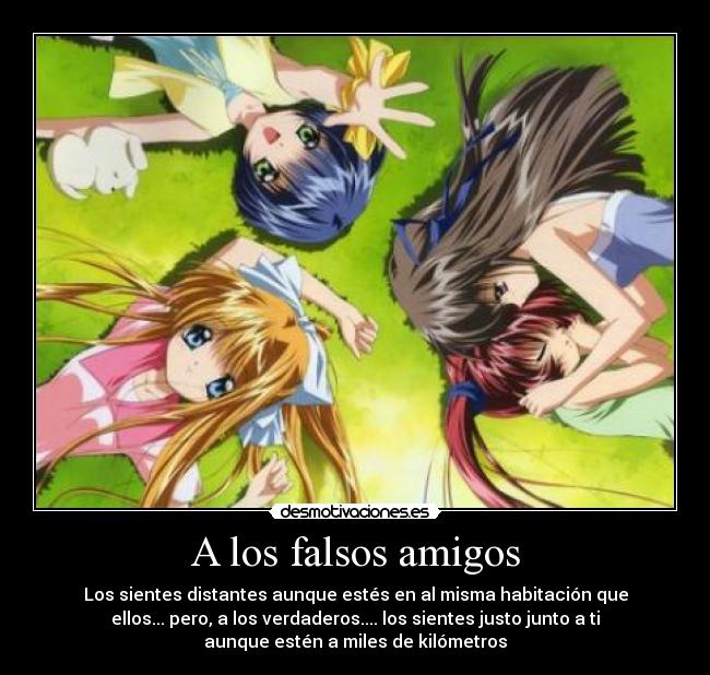 A los falsos amigos - Los sientes distantes aunque estés en al misma habitación que
ellos... pero, a los verdaderos.... los sientes justo junto a ti
aunque estén a miles de kilómetros
