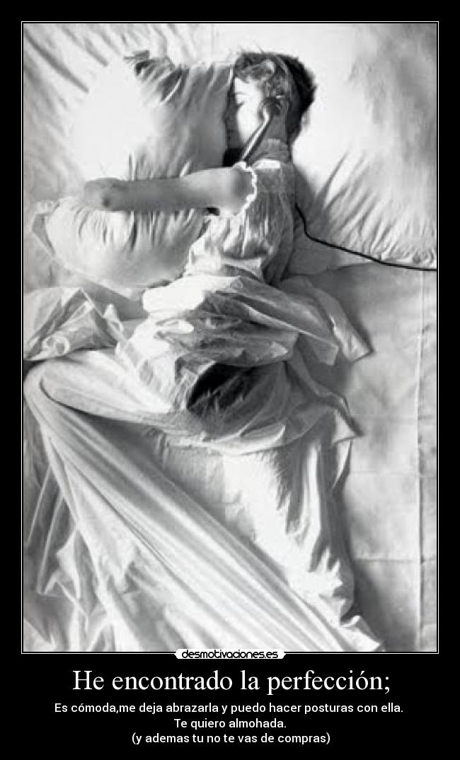 He encontrado la perfección; - Es cómoda,me deja abrazarla y puedo hacer posturas con ella. 
Te quiero almohada.
(y ademas tu no te vas de compras)