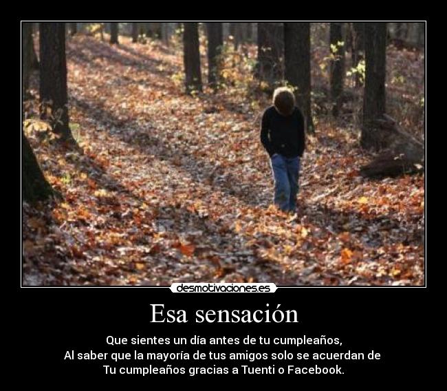 Esa sensación - Que sientes un día antes de tu cumpleaños,
Al saber que la mayoría de tus amigos solo se acuerdan de
Tu cumpleaños gracias a Tuenti o Facebook.