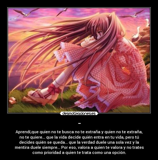 - - Aprendí,que quien no te busca no te extraña y quien no te extraña,
no te quiere... que la vida decide quién entra en tu vida, pero tú
decides quién se queda... que la verdad duele una sola vez y la
mentira duele siempre... Por eso, valora a quien te valora y no trates
como prioridad a quien te trata como una opción.