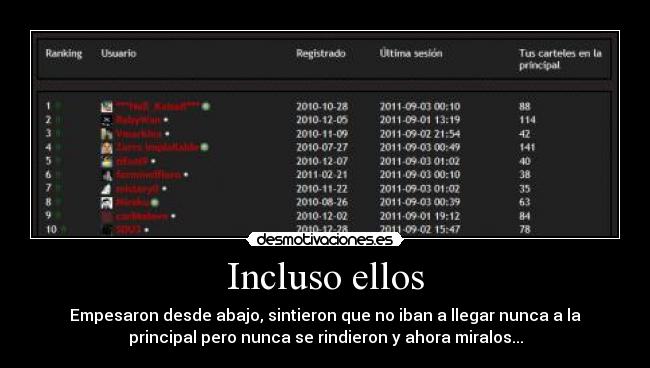 Incluso ellos - Empesaron desde abajo, sintieron que no iban a llegar nunca a la
principal pero nunca se rindieron y ahora miralos...