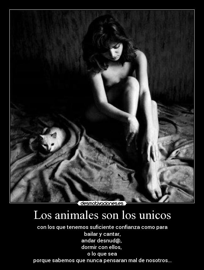 Los animales son los unicos - con los que tenemos suficiente confianza como para
bailar y cantar,
andar desnud@, 
dormir con ellos, 
o lo que sea
porque sabemos que nunca pensaran mal de nosotros...