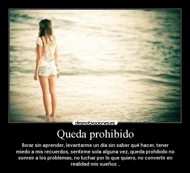 Queda prohibido - llorar sin aprender, levantarme un día sin saber qué hacer, tener
miedo a mis recuerdos, sentirme sola alguna vez, queda prohibido no
sonreir a los problemas, no luchar por lo que quiero, no convertir en
realidad mis sueños ..