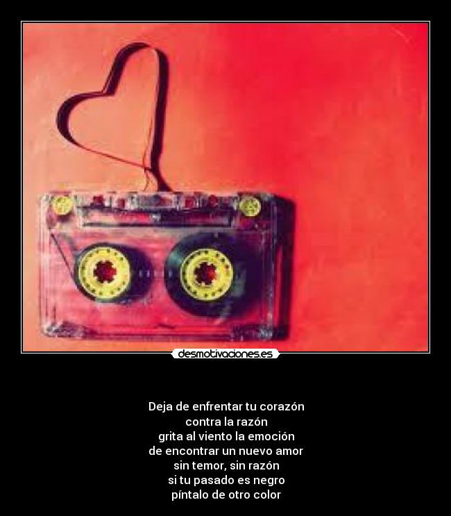   - Deja de enfrentar tu corazón
contra la razón
grita al viento la emoción
de encontrar un nuevo amor
sin temor, sin razón
si tu pasado es negro
píntalo de otro color