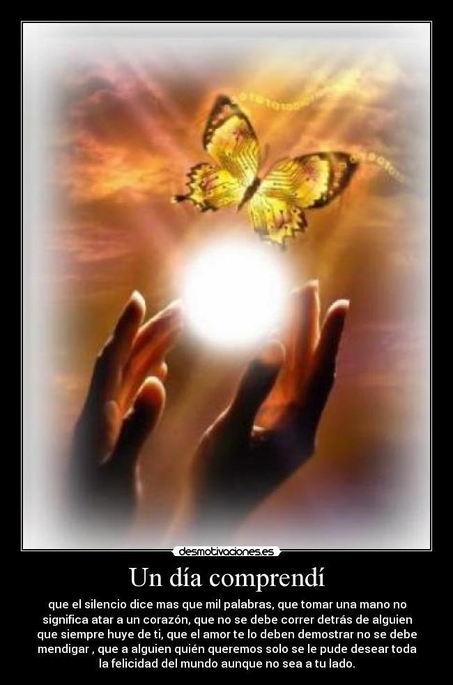 Un día comprendí - que el silencio dice mas que mil palabras, que tomar una mano no
significa atar a un corazón, que no se debe correr detrás de alguien
que siempre huye de ti, que el amor te lo deben demostrar no se debe
mendigar , que a alguien quién queremos solo se le pude desear toda
la felicidad del mundo aunque no sea a tu lado.