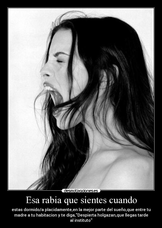 Esa rabia que sientes cuando - estas dormido/a placidamente,en la mejor parte del sueño,que entre tu
madre a tu habitacion y te diga,Despierta holgazan,que llegas tarde
al instituto