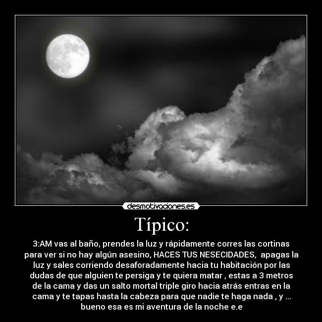 Típico: - 3:AM vas al baño, prendes la luz y rápidamente corres las cortinas
para ver si no hay algún asesino, HACES TUS NESECIDADES,  apagas la
luz y sales corriendo desaforadamente hacia tu habitación por las
dudas de que alguien te persiga y te quiera matar , estas a 3 metros
de la cama y das un salto mortal triple giro hacia atrás entras en la
cama y te tapas hasta la cabeza para que nadie te haga nada , y ...
bueno esa es mi aventura de la noche e.e