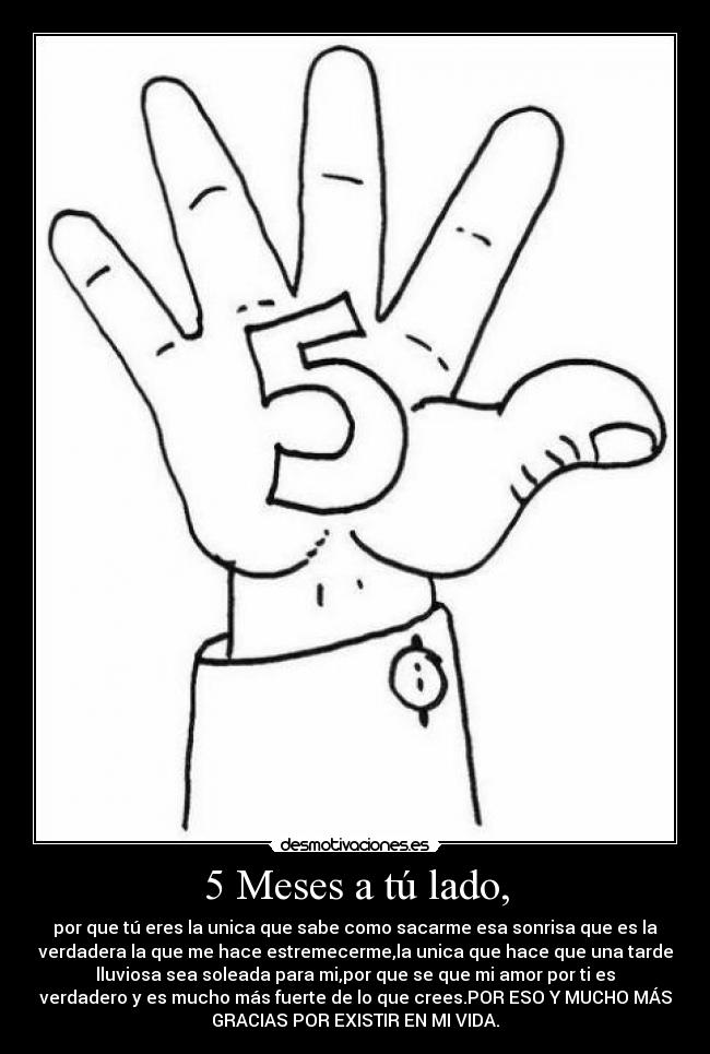 5 Meses a tú lado, - por que tú eres la unica que sabe como sacarme esa sonrisa que es la
verdadera la que me hace estremecerme,la unica que hace que una tarde
lluviosa sea soleada para mi,por que se que mi amor por ti es
verdadero y es mucho más fuerte de lo que crees.POR ESO Y MUCHO MÁS
GRACIAS POR EXISTIR EN MI VIDA.