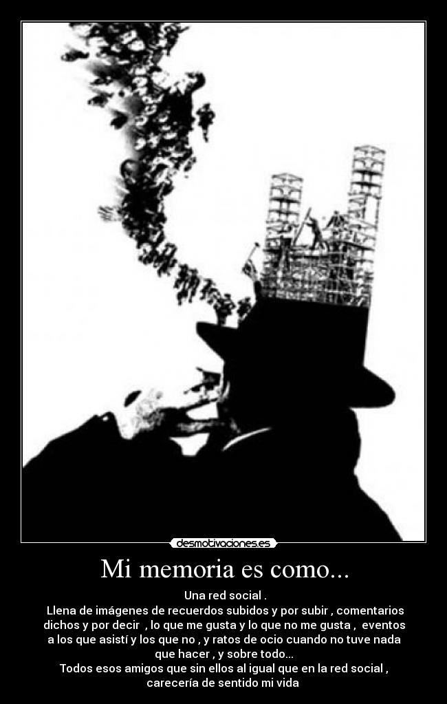 Mi memoria es como... -  Una red social .
 Llena de imágenes de recuerdos subidos y por subir , comentarios
dichos y por decir  , lo que me gusta y lo que no me gusta ,  eventos
a los que asistí y los que no , y ratos de ocio cuando no tuve nada
que hacer , y sobre todo...
Todos esos amigos que sin ellos al igual que en la red social ,
carecería de sentido mi vida 