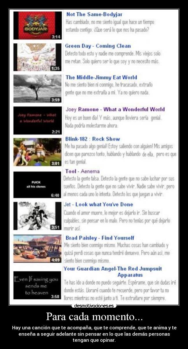 Para cada momento... - Hay una canción que te acompaña, que te comprende, que te anima y te
enseña a seguir adelante sin pensar en lo que las demás personas
tengan que opinar.