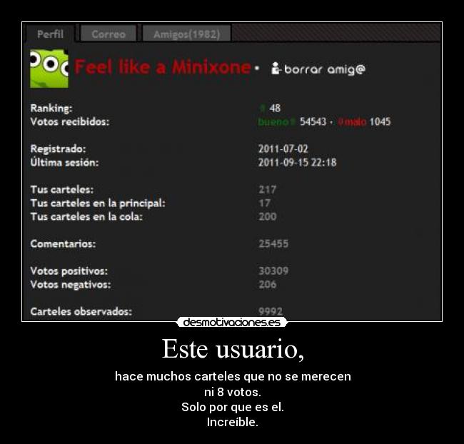 Este usuario, - hace muchos carteles que no se merecen
ni 8 votos.
Solo por que es el.
Increíble.