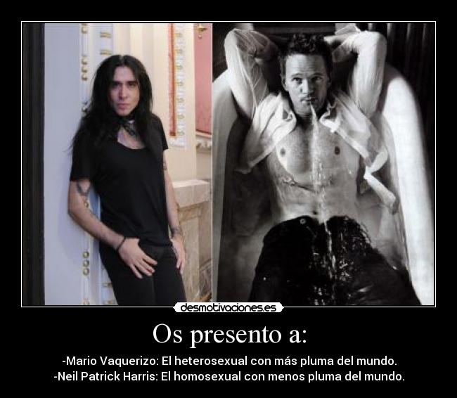 Os presento a: - -Mario Vaquerizo: El heterosexual con más pluma del mundo.
-Neil Patrick Harris: El homosexual con menos pluma del mundo.