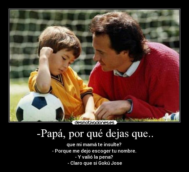 -Papá, por qué dejas que.. - que mi mamá te insulte?
- Porque me dejo escoger tu nombre.
- Y valió la pena?
- Claro que si Gokú Jose