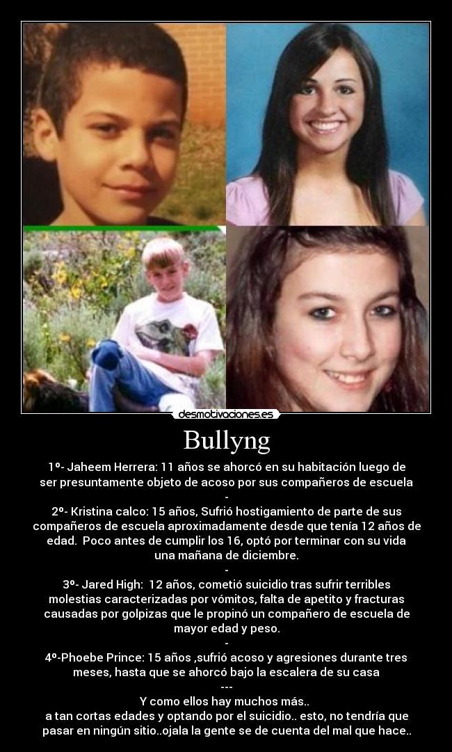 Bullyng - 1º- Jaheem Herrera: 11 años se ahorcó en su habitación luego de
ser presuntamente objeto de acoso por sus compañeros de escuela
-
2º- Kristina calco: 15 años, Sufrió hostigamiento de parte de sus
compañeros de escuela aproximadamente desde que tenía 12 años de
edad.  Poco antes de cumplir los 16, optó por terminar con su vida
una mañana de diciembre.
-
3º- Jared High:  12 años, cometió suicidio tras sufrir terribles
molestias caracterizadas por vómitos, falta de apetito y fracturas
causadas por golpizas que le propinó un compañero de escuela de
mayor edad y peso.
-
4º-Phoebe Prince: 15 años ,sufrió acoso y agresiones durante tres
meses, hasta que se ahorcó bajo la escalera de su casa
---
Y como ellos hay muchos más.. 
a tan cortas edades y optando por el suicidio.. esto, no tendría que
pasar en ningún sitio..ojala la gente se de cuenta del mal que hace..