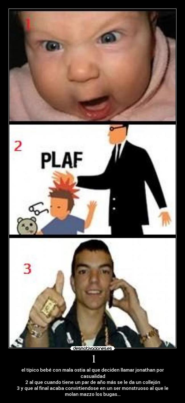1 - el típico bebé con mala ostia al que deciden llamar jonathan por
casualidad
2 al que cuando tiene un par de año más se le da un collejón
3 y que al final acaba convirtiendose en un ser monstruoso al que le
molan mazzo los bugas...