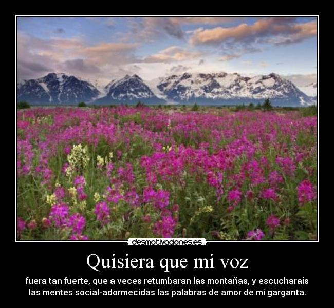 Quisiera que mi voz - fuera tan fuerte, que a veces retumbaran las montañas, y escucharais
las mentes social-adormecidas las palabras de amor de mi garganta.