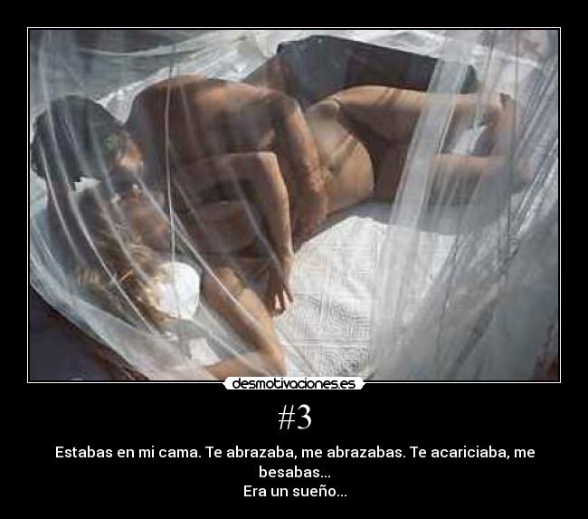 #3 - Estabas en mi cama. Te abrazaba, me abrazabas. Te acariciaba, me besabas...
Era un sueño...