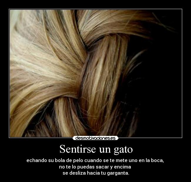 Sentirse un gato - echando su bola de pelo cuando se te mete uno en la boca,
no te lo puedas sacar y encima
se desliza hacia tu garganta.