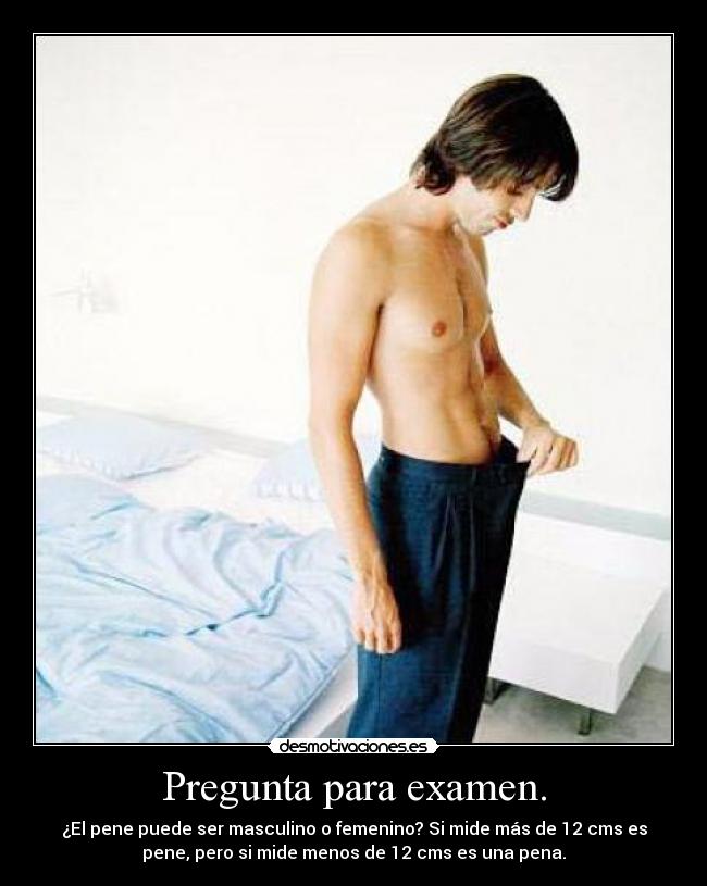 Pregunta para examen. - ¿El pene puede ser masculino o femenino? Si mide más de 12 cms es
pene, pero si mide menos de 12 cms es una pena.