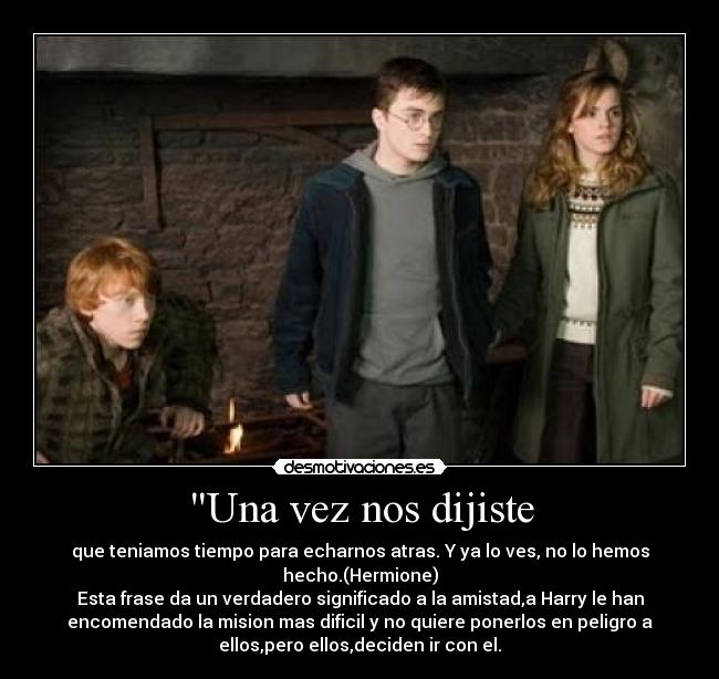 Una vez nos dijiste - que teniamos tiempo para echarnos atras. Y ya lo ves, no lo hemos
hecho.(Hermione)
Esta frase da un verdadero significado a la amistad,a Harry le han
encomendado la mision mas dificil y no quiere ponerlos en peligro a
ellos,pero ellos,deciden ir con el.