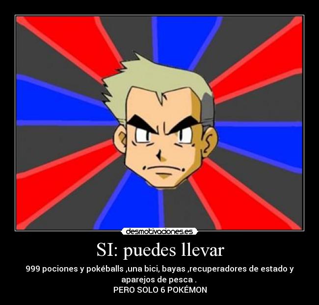 SI: puedes llevar - 999 pociones y pokéballs ,una bici, bayas ,recuperadores de estado y
aparejos de pesca .
PERO SOLO 6 POKÉMON
