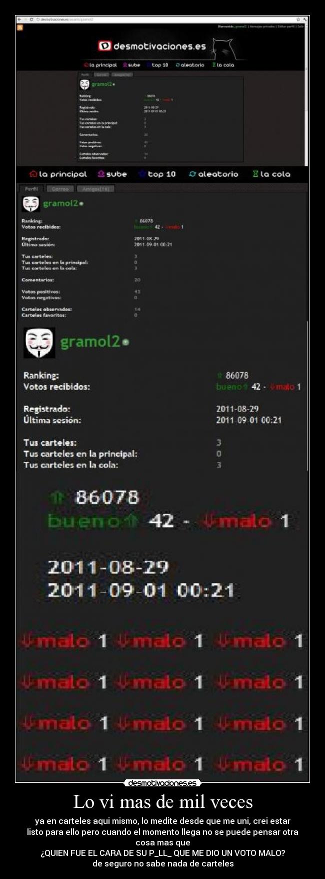 Lo vi mas de mil veces - ya en carteles aqui mismo, lo medite desde que me uni, crei estar
listo para ello pero cuando el momento llega no se puede pensar otra
cosa mas que
¿QUIEN FUE EL CARA DE SU P_LL_ QUE ME DIO UN VOTO MALO?
de seguro no sabe nada de carteles