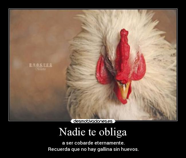 Nadie te obliga - a ser cobarde eternamente.
Recuerda que no hay gallina sin huevos.