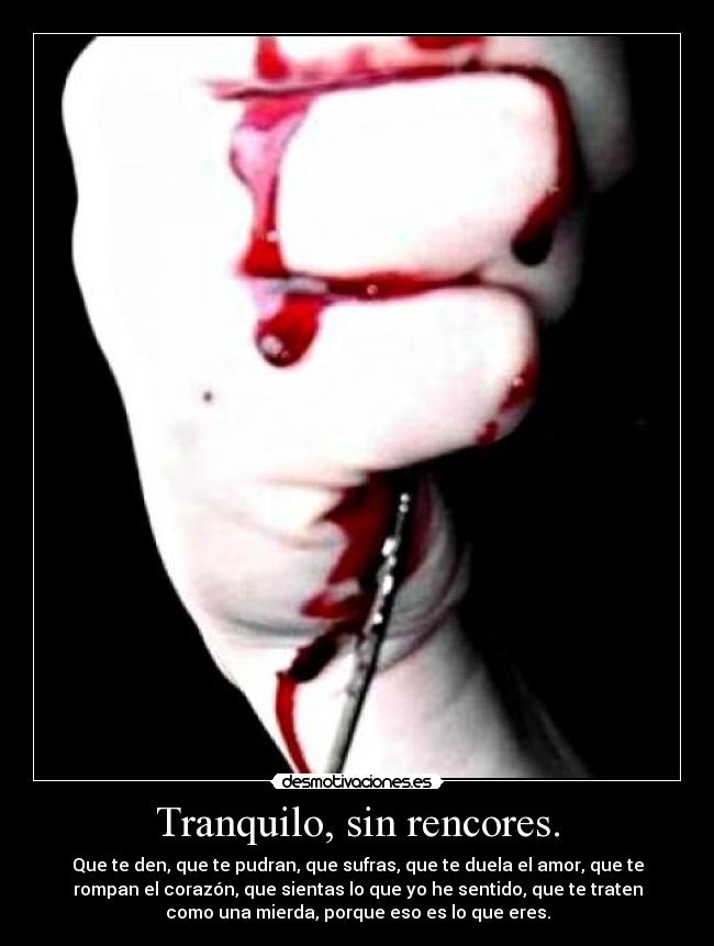 Tranquilo, sin rencores. - Que te den, que te pudran, que sufras, que te duela el amor, que te
rompan el corazón, que sientas lo que yo he sentido, que te traten
como una mierda, porque eso es lo que eres.
