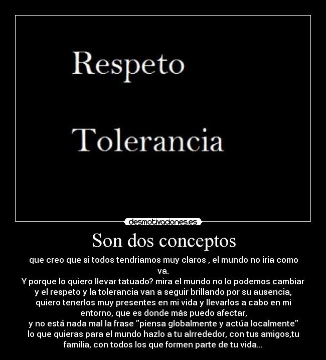 Son dos conceptos - que creo que si todos tendriamos muy claros , el mundo no iria como
va.
Y porque lo quiero llevar tatuado? mira el mundo no lo podemos cambiar
y el respeto y la tolerancia van a seguir brillando por su ausencia,
quiero tenerlos muy presentes en mi vida y llevarlos a cabo en mi
entorno, que es donde más puedo afectar,
y no está nada mal la frase piensa globalmente y actúa localmente
lo que quieras para el mundo hazlo a tu alrrededor, con tus amigos,tu
familia, con todos los que formen parte de tu vida...