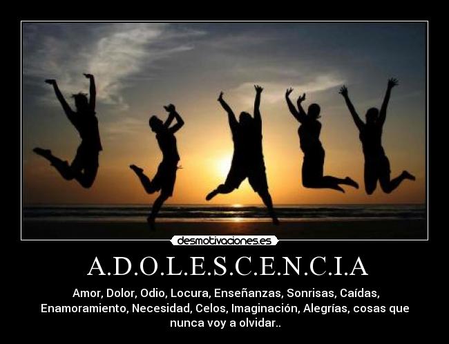 A.D.O.L.E.S.C.E.N.C.I.A - Amor, Dolor, Odio, Locura, Enseñanzas, Sonrisas, Caídas,
Enamoramiento, Necesidad, Celos, Imaginación, Alegrías, cosas que
nunca voy a olvidar..